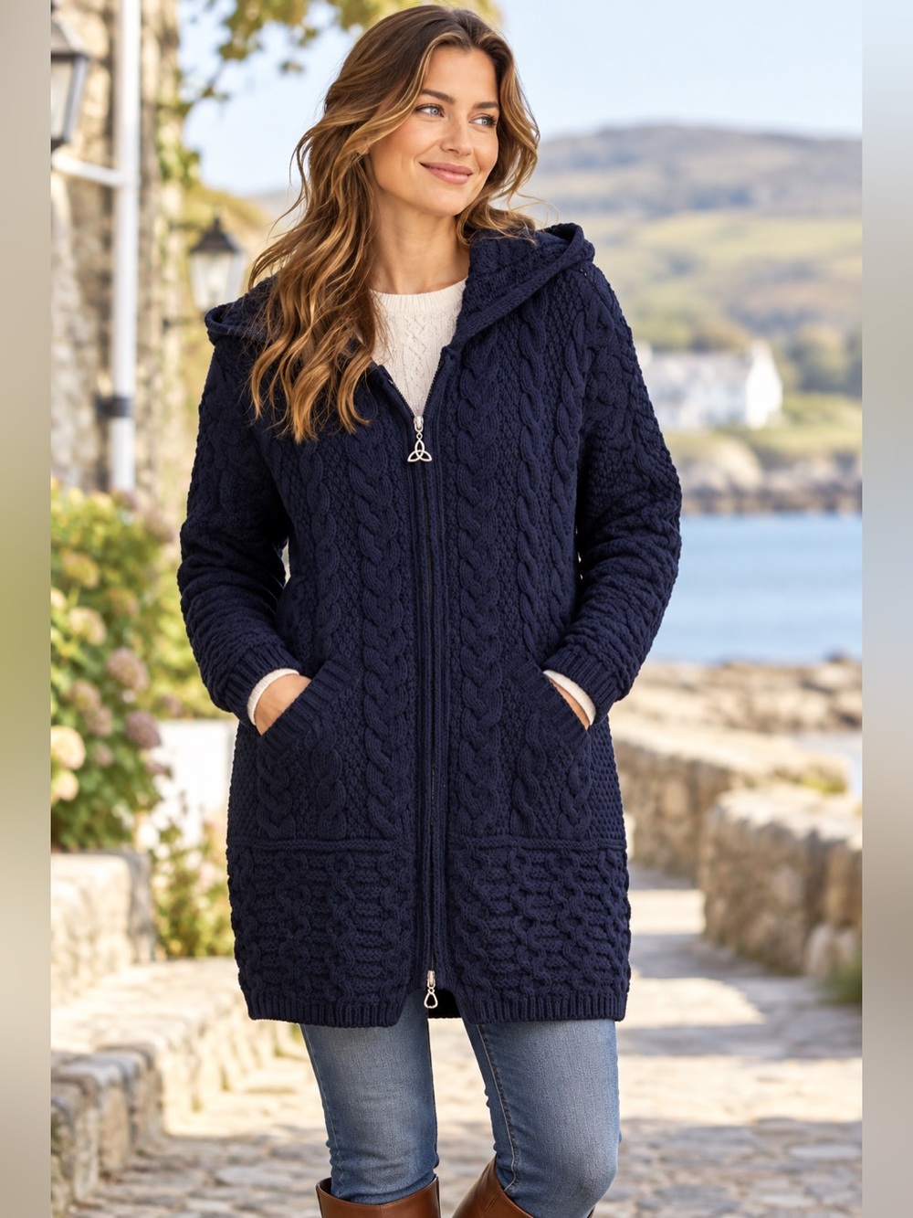 Aran Crafts Ireland Merino Wool Hooded Cable Knit sweater coatigan M fisherman